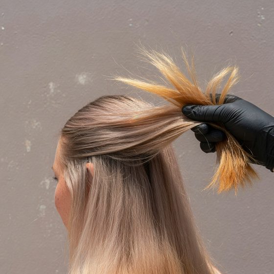 Sun-faded blonde ends lifted in a gloved hand