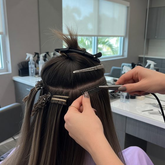 Keratin extension wefts being placed