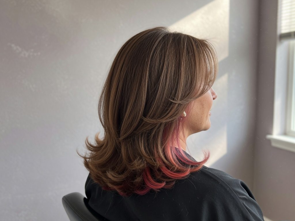 Layered brunette cut with a coral underlight, photographed in afternoon window light