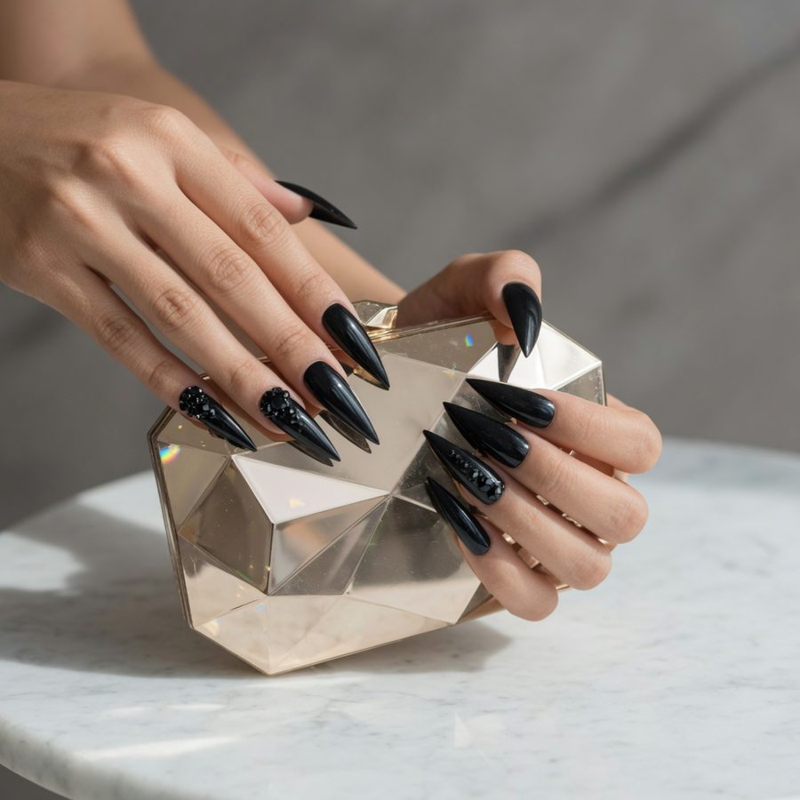 Glossy black stiletto nails with crystal studs