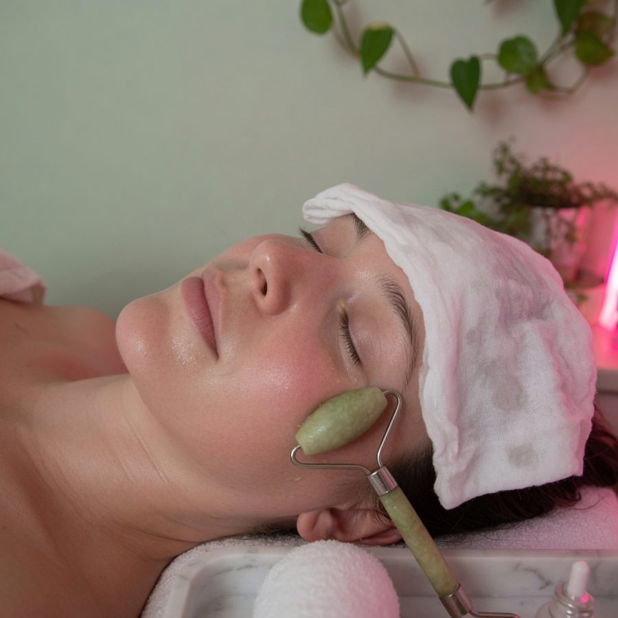Facial with a jade roller in the skin studio